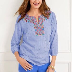 Talbots Chambray Embroidered Floral Dot Peasant Blouse Boho Chic Medium